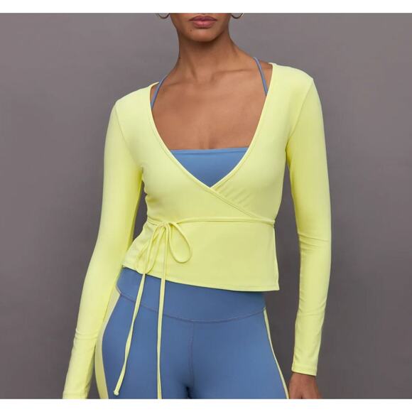 Carbon38 Long Sleeve Tie Top in Melt Medium Green Yellow Neon Ballet Wrap Shirt - Picture 1 of 10